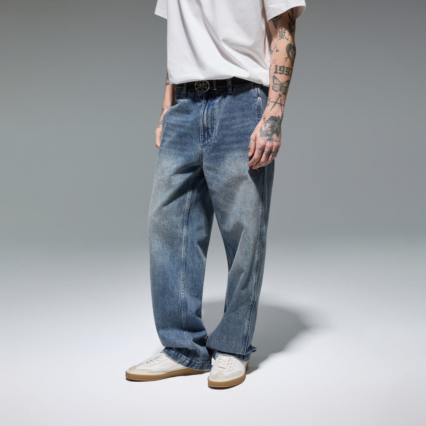 CHINISM丨闪电纹牛仔裤男新款水洗美式宽松直筒长裤男士休闲裤子