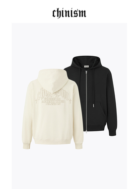 CHINISM丨贴布刺绣宽松纯棉连帽开衫卫衣男秋季外套/CXHB42A7027