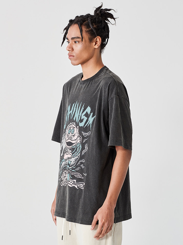 CHINISM Devil funny printed short-sleeved T-shirt men loose American retro washed old CH tide brand half sleeve