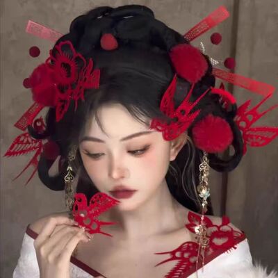 红色剪纸头饰喜鹊旗袍敬酒服发饰