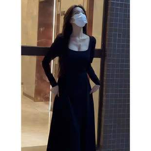 黑色长袖洋装子女春秋2025夏新款小个子法式高级感吊带收腰长裙