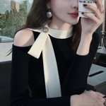 时尚优雅chic黑色露肩绑带长袖针织衫女春季款高级感减龄显瘦小衫