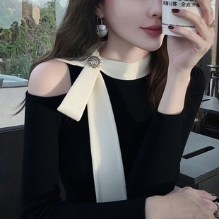 时尚优雅chic黑色露肩绑带长袖针织衫女春季款高级感减龄显瘦小衫