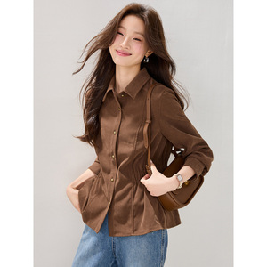 2025秋冬新款磨毛肌理感气质法式长袖上衣时尚显瘦翻领收腰衬衫女