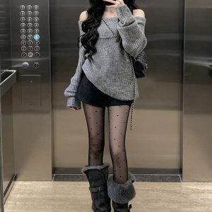 韩系松弛感慵懒风一字肩毛衣女秋冬2025新款高级感露肩针织衫上衣