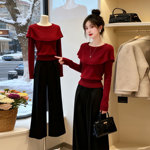 秋冬针织衫气质穿搭一整套女高级感斗篷式披肩红色毛衣阔腿裤套装