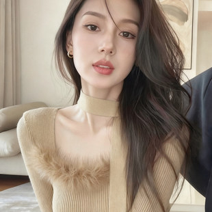 燕麦色毛边方领挂脖飘带修身打底针织衫女2025秋冬季新款独特上衣