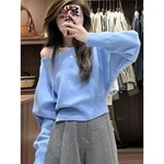 韩糸chic别致斜露肩针织衫上衣女2024新款冬季慵懒风宽松纯色毛衣