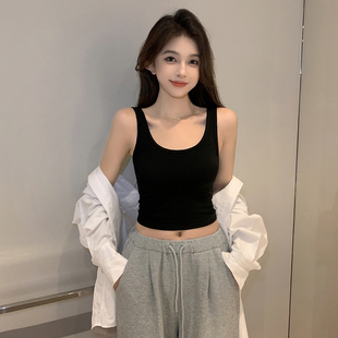 自拍-纯棉背心女外穿短款内搭无袖吊带高腰露脐运动打底上衣潮