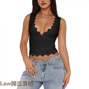 sexy sleeved women long shirt蕾丝拼接吊带背心性感大领 Lace