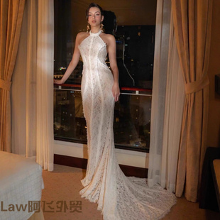 sexy dress法式 floral strapless 蕾丝挂脖连衣 print Flattering