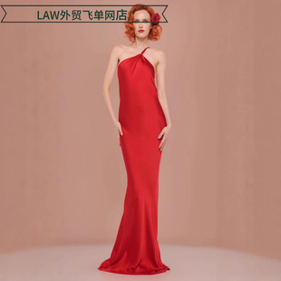 satin party deep neck dress高级缎面红色连衣裙吊带露背 Sexy