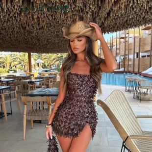 deep camisole top dress吊带露肩包臀裙开叉 Sexy ball sequin