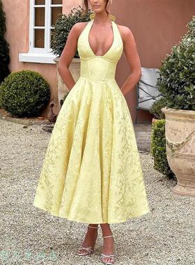 Women's Knitted Perspective Slimming DressV领挂脖提花连衣裙