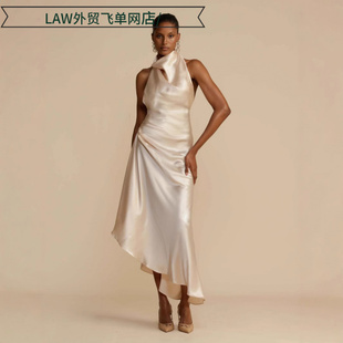 satin party deep neck dress高级缎面开叉性感露背连衣裙 Sexy