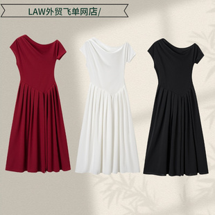 neck 圆领斜肩纯色长款 satin 连 修身 deep dress时尚 Sexy party