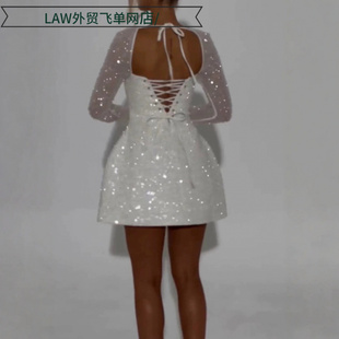 neck party Sexy 字裙女冬季 deep dress高级感亮片长袖 性 satin