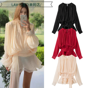 neck party Sexy 泡泡袖 deep dress法式 收腰不规则荷叶边 satin