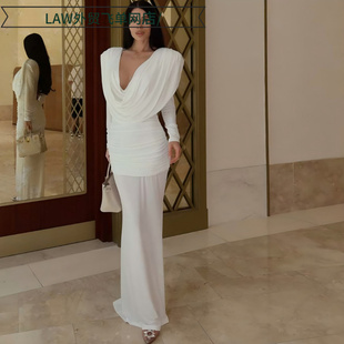 Sleeveless sequin back split sexy party dress性感露背荡领修