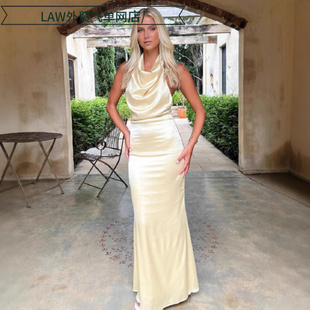 satin party deep neck dress名媛礼服长裙荡领缎面连衣裙 Sexy