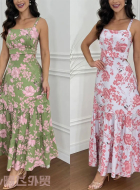 Sexy women's satin lace mini dress站无袖长袖吊带印花连衣裙女