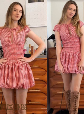 Flattering sexy floral print strapless dress法式复古红色格纹