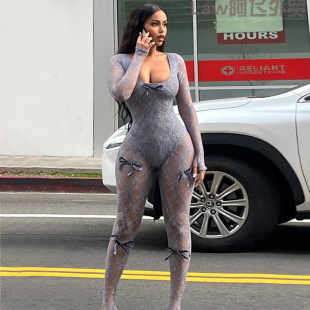 cut slim Sexy jumpsuit个性 deep fit 街头性感透视 sleeveless