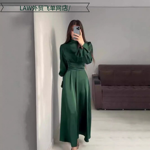 neck party Sexy 束腰泡泡袖 deep dress长袖 纯色仙女风缎 satin