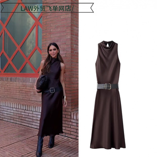neck party Sexy 圆领无袖 deep dress法式 腰带丝缎质感迷 satin