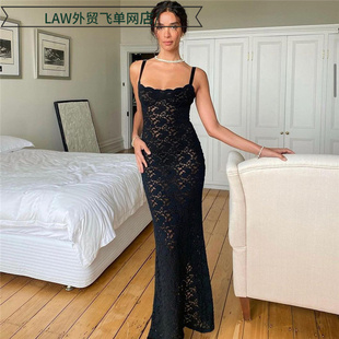 slim dress时尚 fit lace 一字领性感透视蕾丝修 sleeveless Sexy