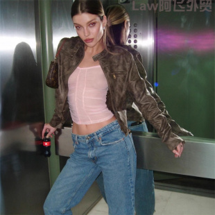 vacation dress美式 floral lace 复古棕色皮衣麂皮绒 print Sexy