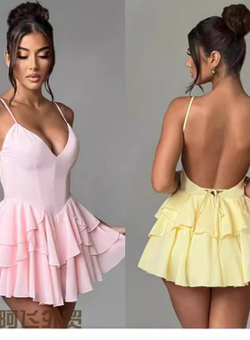 Flattering sexy floral print strapless dress法式性感深露背荷