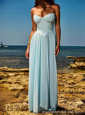 Lace-cut sexy satin print dress年天蓝色抹胸显瘦压褶紧身连衣