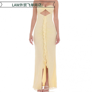 deep neck party 连衣裙露背 Sexy dress春夏抽褶开叉修身 satin