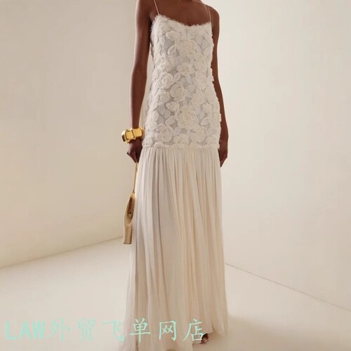 Lace bow slim fit dress2025名媛风雪纺长裙立体花朵拼接吊带连