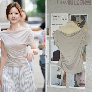 vacation dress赵露思同款 floral lace 一字肩斜领短 print Sexy