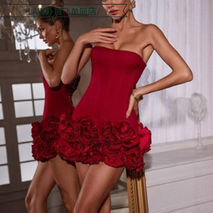 deep neck party Sexy dress红色高端性感抹胸连衣裙修身 satin