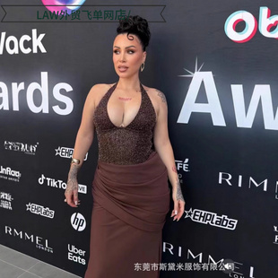 sequin party back sexy dress棕色挂脖聚会晚 split Sleeveless