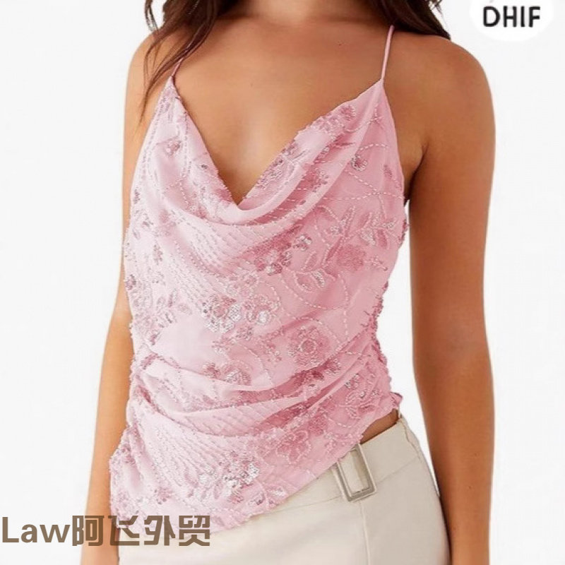Lace sexy casual draped satin vest印花亮片短款无袖上衣领后背,女士内衣/男士内衣/家居服,吊带/背心/T恤/打底/肌底衣,淘宝优惠券,粉丝福利购,淘宝优惠卷