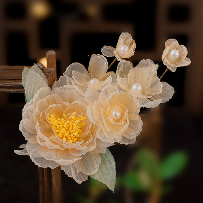 精美气牡丹芍药花朵烫花发夹唐风汉服襦裙发饰绢纱边夹百搭发饰