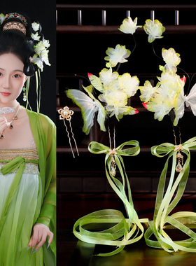 绿色系唐风少女花朵蝴蝶发夹