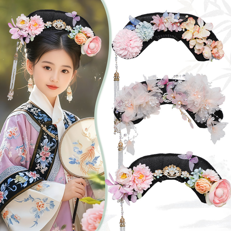儿童格格旗头假发清朝满族发型可爱女童古装宫廷造型假发头饰发髻