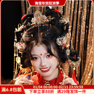 明制发冠烧蓝发钗气质发饰整套古风汉服发簪新年红色点缀拜年头饰