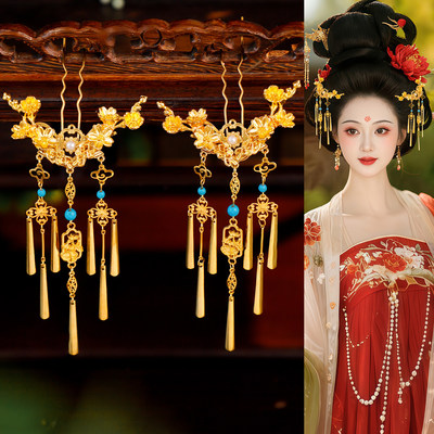 唐风金色花朵流苏步摇发簪