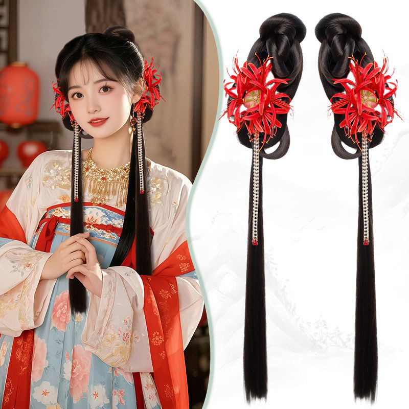 古风红色彼岸花发夹抓夹款长发假发包苏汉服少女齐胸襦裙假发头饰