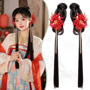 古风红色彼岸花发夹抓夹款长发假发包苏汉服少女齐胸襦裙假发头饰