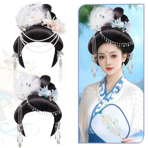 汉服古风白羽蓝纱流苏发冠假发