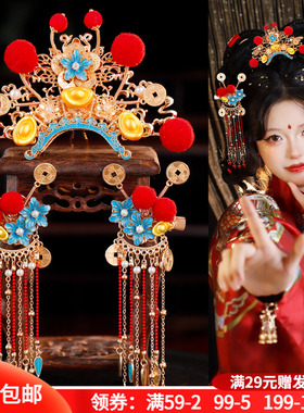 古风汉服发饰戏曲风红色毛球烧蓝发夹发冠cos小财神元宝铜钱配饰