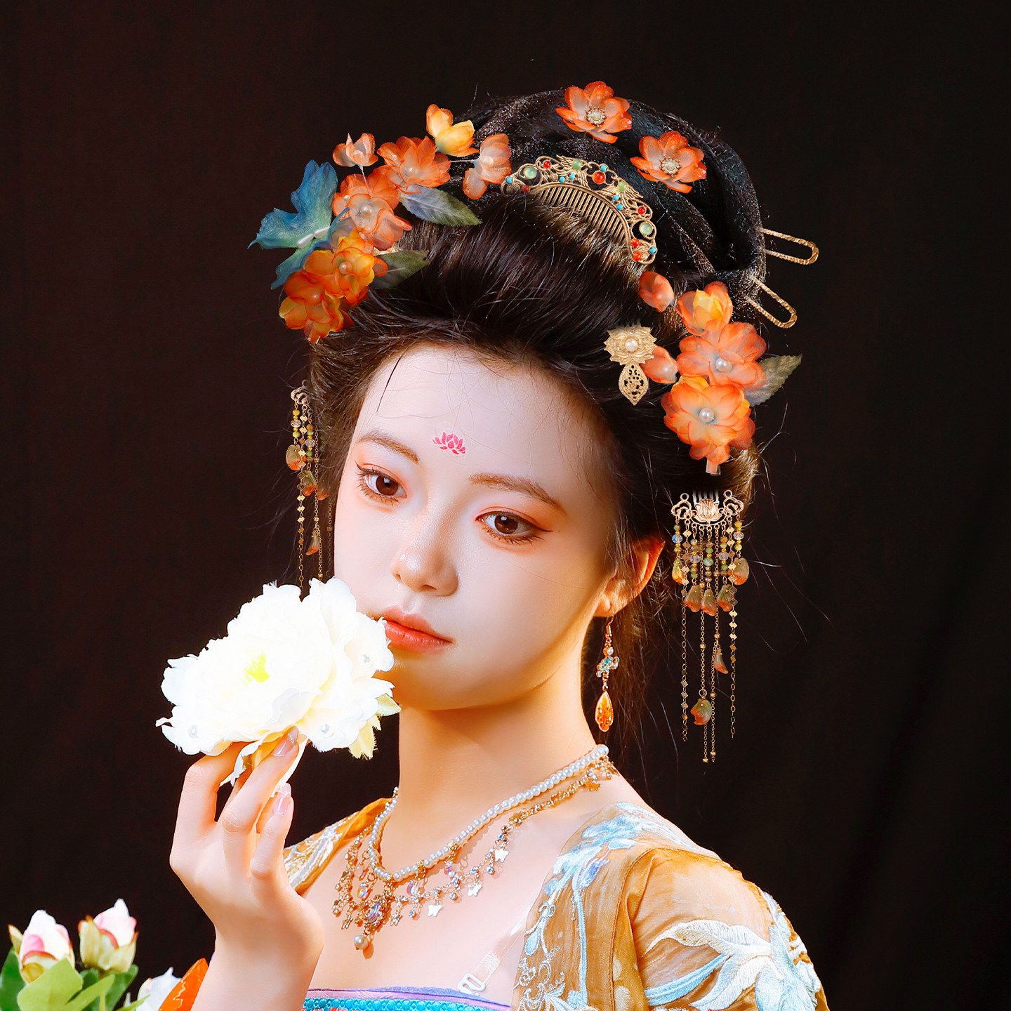 古风汉服绢纱烫花橘色花朵项链发钗发夹流苏插梳百搭发饰组合套装