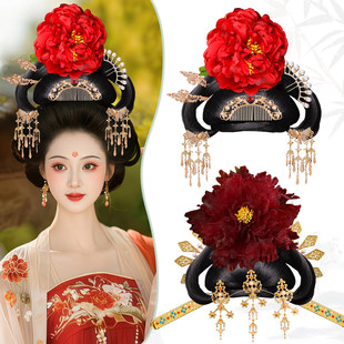 古装假发包发髻饰品红色牡丹绢纱花朵发夹流苏凤冠气质皇后头饰女